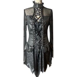 Gothic Black Corset Dress XL Lace Up Faux Leather Mesh Sleeve Dark Romantic Mini